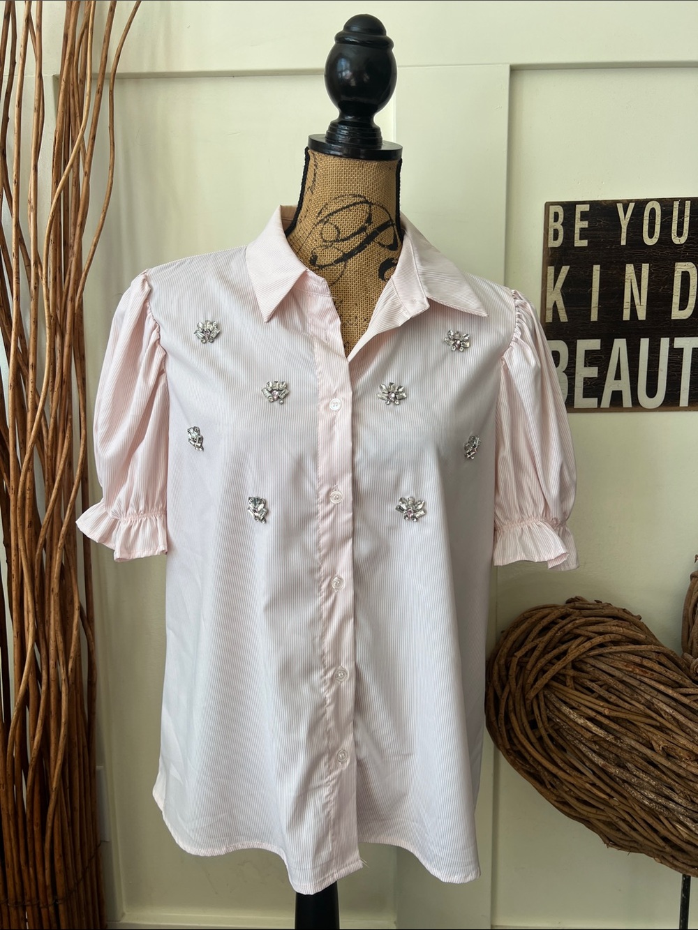 Cato Pale Pink Embellished Puff-Sleeve Button Down Shirt